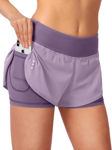 Blooshow Sport Shorts Damen Sommer Sporthose Damen Kurz Hose 2 in 1 Laufshorts Schnelltrocknend Running Gym Training Fitness Yoga Jogging Shorts mit Taschen (Lila, S) von Blooshow
