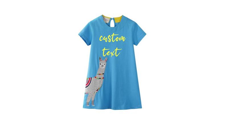 Mädchen Personalisiertes Lama Kleid Benutzerdefinierter Text Kleinkind Applikation Alpaka Blau Top Kurzarm Ostern Frühlingsoutfit von BlossomButtercupShop