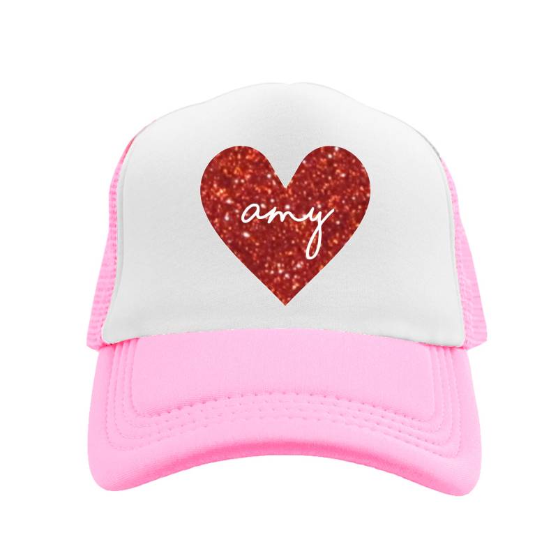 Personalisierte Kinder Glitzer Herz Trucker Hut Individuelle Geschenkidee Name in Mütze Mesh Hinten Schaum Vorne von BlossomButtercupShop