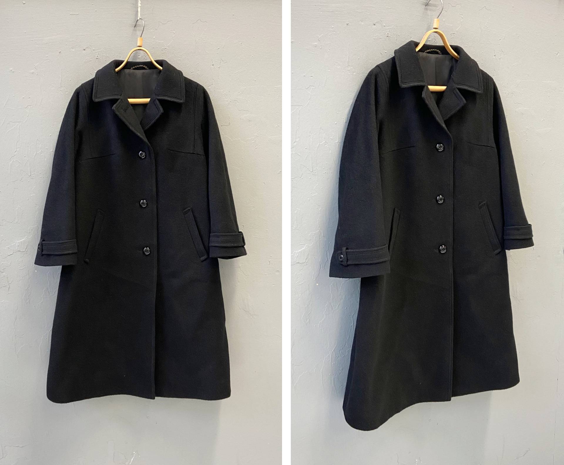Vintage 80Er Schwarzer Wollmantel Damen Cewo Mantel Made in Sweden 90Er Classic Black Coat L Schwarz Mohair von BlossomVintageHouse