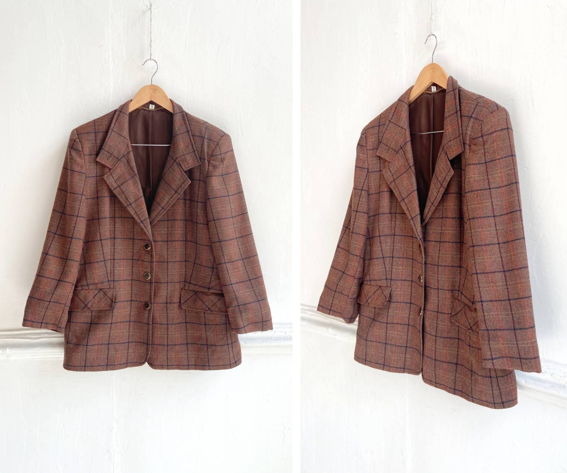 Vintage 90Er Jahre Wolle Tartan Blazer Überprüft Womens L Plaid Jacke Braun Karierten Check Print Oversize M von BlossomVintageHouse