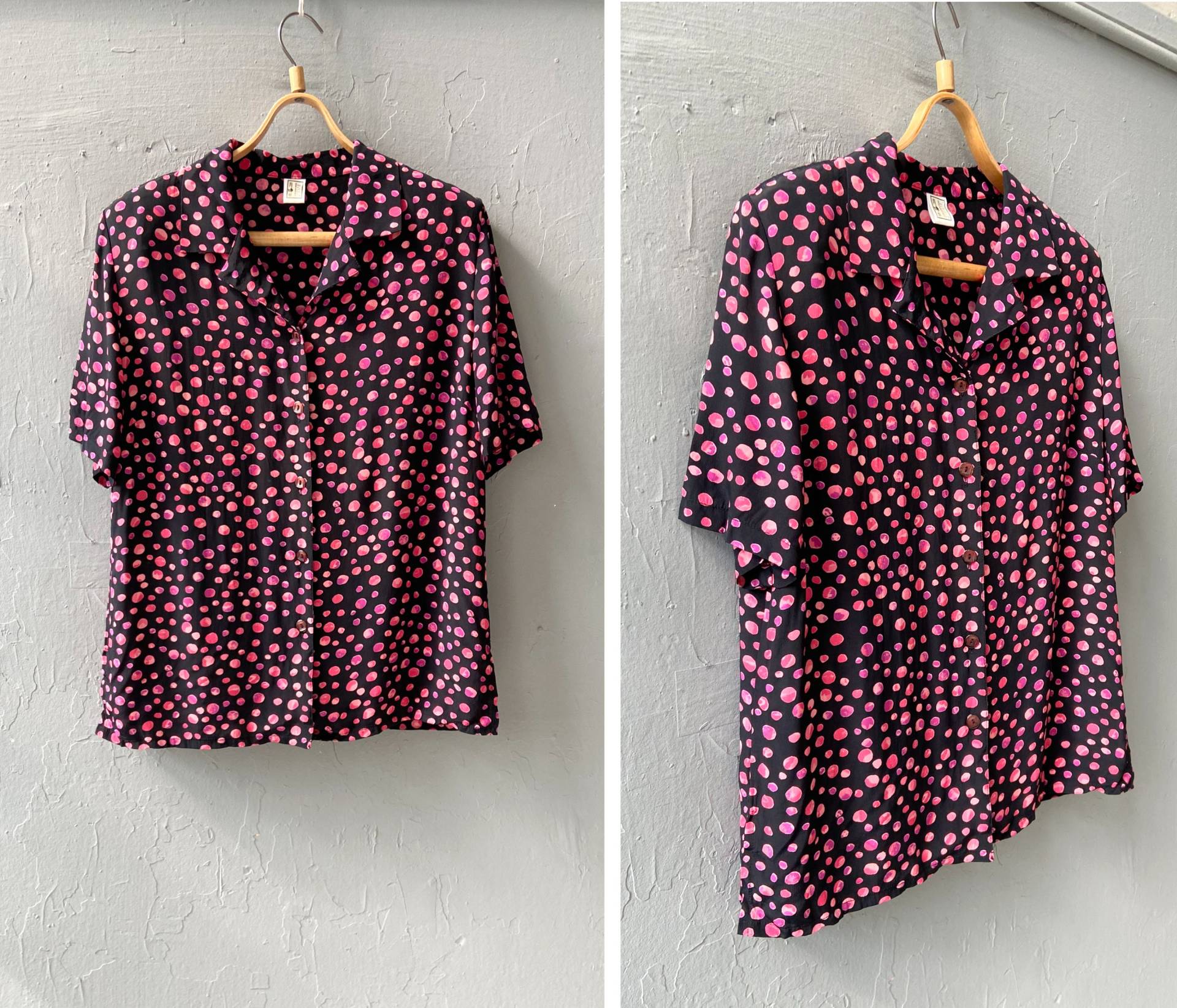 Vintage 90Er Polka Dot Bluse Damen L Abstrakte Kurzarm Button Up Top Gemustertes Schwarz Pink Bubble Gemustert von BlossomVintageHouse