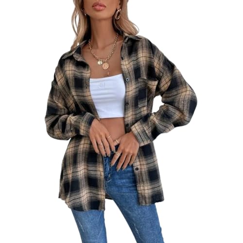 Blostirno Damen Karierte Button-Down-Shirts Flanell Langarm Casual Shackets Elegant Lose Bluse Tops, Braun 1, Groß von Blostirno