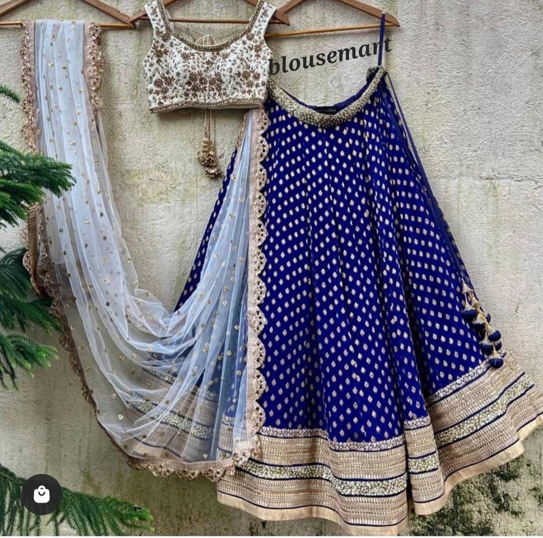 Blaue Georgette Zari Lehenga, Wedding Brautjungfern Crop Top Rock, Lehenga Choli, Designer Customize von BlouseMart