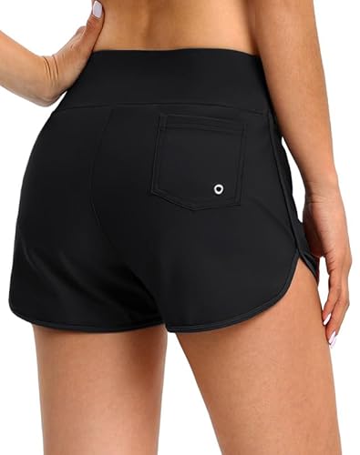 Blouty Damen-Badeshorts mit Taschen, hohe Taille, Bauchkontrolle, Badehose für Damen, mit Futter, Schwarz, Large von Blouty