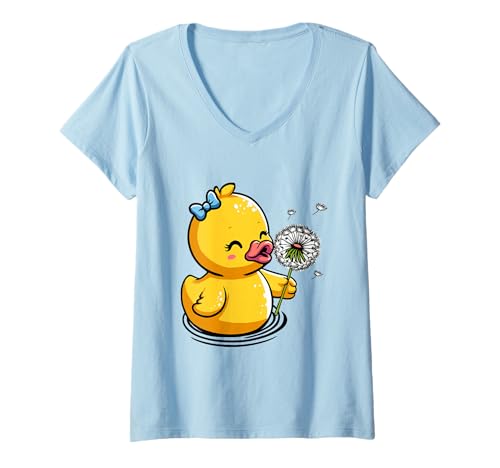 Damen Löwenzahn-Ente T-Shirt mit V-Ausschnitt von Blowball Puffball Dandelion Duckling