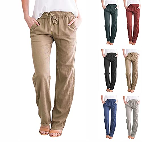 Hose Damen Regular Fit Straight Leg Hose Leinenhose Sommerhose Baumwolle Leinen Sommer Stoffhose Einfarbig Freizeithose Elastischer Bund Einfarbige Wide Leg Hose Kordelzug Lange Hose mit Tasche von Blssom