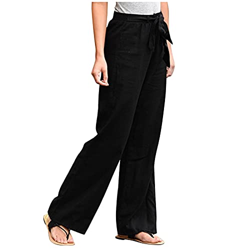 Hose Damen Regular Fit Straight Leg Hose Leinenhose Sommerhose Baumwolle Leinen Sommer Stoffhose Einfarbig Freizeithose Elastischer Bund Einfarbige Wide Leg Hose Kordelzug Lange Hose mit Tasche von Blssom