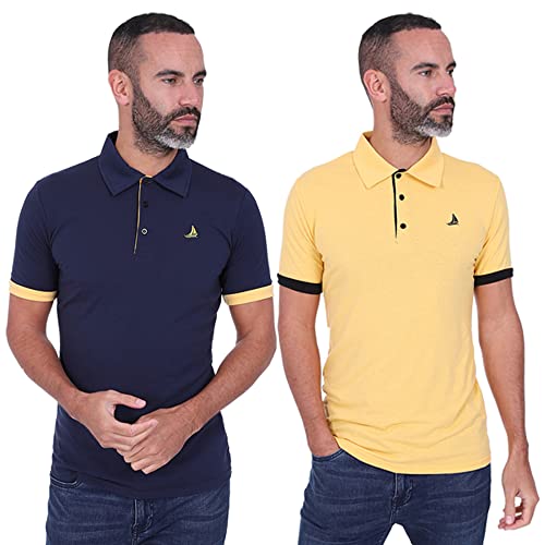 Blu Apparel Kurzarm 2er-Pack Multipack Polo T-Shirt Shirt Golf Schwarz Weiß Grau Marineblau, Marineblau und senffarben, L von Blu Apparel