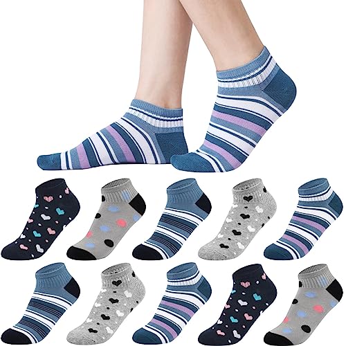 Sneaker Socken Damen 35-38, 10 Paar Baumwolle Kurze Socken Mädchen Söckchen, Mehrfarbige Sneakersocken Bunte Damensocken mit Streifen Pünktchen von Blu Ninfee