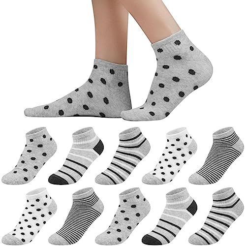 Sneaker Socken Damen 35-38, 10 Paar Baumwolle Kurze Socken Mädchen Söckchen, Mehrfarbige Sneakersocken Bunte Damensocken mit Streifen Pünktchen von Blu Ninfee