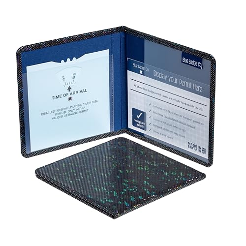 Blue Badge Schutzhülle für Behindertenausweis aus holografischem schwarzem Glas, hologrammsicher, hergestellt in Großbritannien, Behindertenparkausweis, Halterung mit Timer, Uhr von Blue Badge