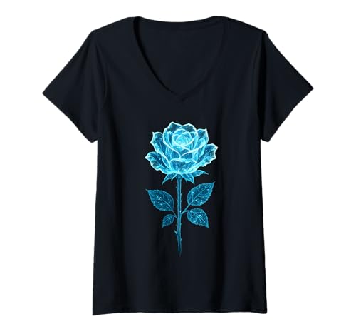 Damen Ice Crystal Rose, botanisches Linienbild, Blumenmuster T-Shirt mit V-Ausschnitt Damen Ice Crystal Rose, botanisches Linienbild, Blumenmuster T-Shirt mit V-Ausschnitt von Blue Bloom