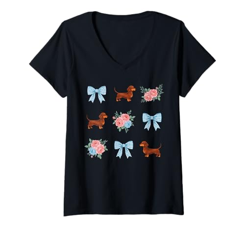 Damen Dackel Toile Gingham-Schleife und Rosen-Design T-Shirt mit V-Ausschnitt von Blue Bow Dachshund Co.