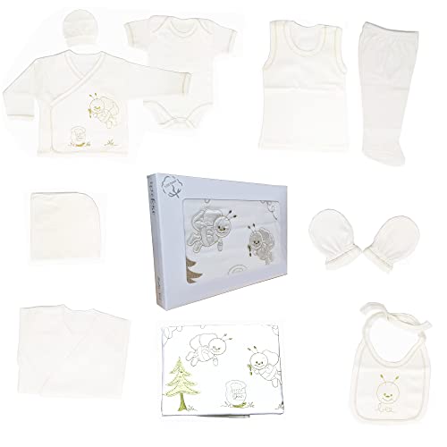 Blue Eyes Neugeborenen Baby Krankenhaus Geschenk Set 100% natürliche Baumwolle Erstausstattung Erstlingsausstattung Ausstattung Unisex Kleidung Geschenkset für Babys 0-4 Monate 10 teilig (Gold-Sim10) von Blue Eyes