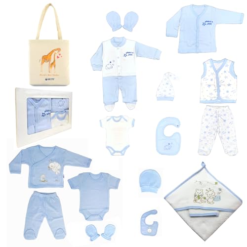 Blue Eyes Neugeborenen Baby Set 100% natürliche Baumwolle Erstausstattung Ausstattung Unisex Kleidung Badetuch Geschenkset 17 teilig für Babys 0-4 Monate, mit Geschenketiket (Jungen) von Blue Eyes