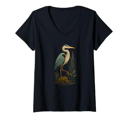 Damen Blaureiher stehender Feuchtlandvogel T-Shirt mit V-Ausschnitt von Blue Heron Birdwatching Club