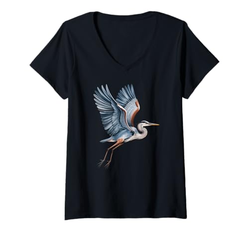 Damen Eleganter Blaureiher Fliegende Vogelbeobachtung Natur Wildtiere T-Shirt mit V-Ausschnitt Damen Eleganter Blaureiher Fliegende Vogelbeobachtung Natur Wildtiere T-Shirt mit V-Ausschnitt von Blue Heron Birdwatching Club