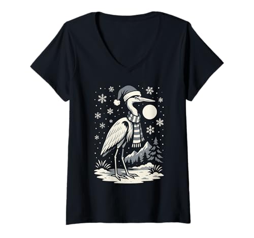 Damen Blaureiher Weihnachtsvogel Kunst T-Shirt mit V-Ausschnitt von Blue Heron Winter Art Co.