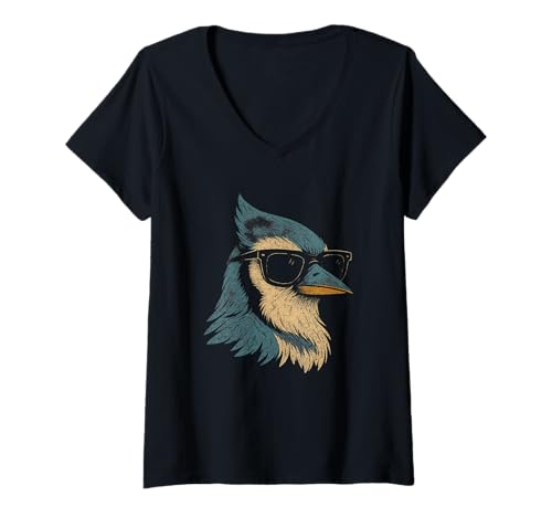 Damen Cool Blue Jay Sonnenbrille Retro Vintage Vogelbeobachtung Natur T-Shirt mit V-Ausschnitt Damen Cool Blue Jay Sonnenbrille Retro Vintage Vogelbeobachtung Natur T-Shirt mit V-Ausschnitt von Blue Jay Days Apparel