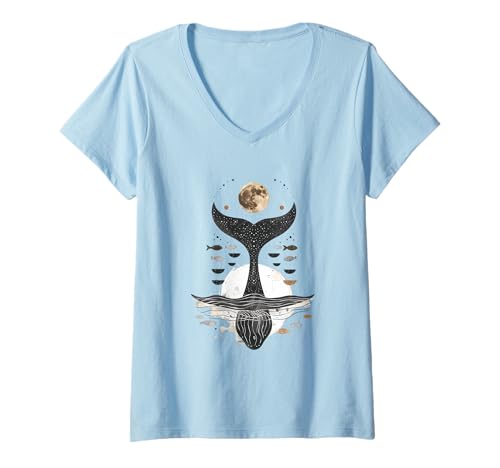 Damen Boho Wal Mond Design für Meeresliebhaber T-Shirt mit V-Ausschnitt Damen Boho Wal Mond Design für Meeresliebhaber T-Shirt mit V-Ausschnitt von Blue Jellyfish