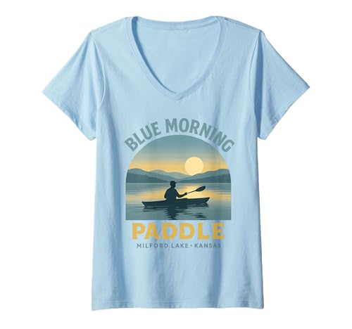 Damen Blue Morning Paddle Shirt Kansas Lake Kajak Sunrise Scene T-Shirt mit V-Ausschnitt Damen Blue Morning Paddle Shirt Kansas Lake Kajak Sunrise Scene T-Shirt mit V-Ausschnitt von Blue Morning Paddle Tee Shirts for Milford Lake