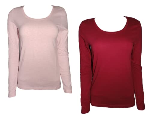 Damen Basic Shirt 2er Pack Langarm Weiß Grau Rosa Rot Grün Blau Braun Gr. S M L (M, Rosa/Rot) von Blue Motion