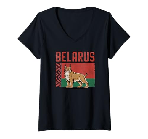 Damen Belarus Pride Belarussische Flagge Eurasischer Goldener Luchs T-Shirt mit V-Ausschnitt von Blue Sailor Gifts