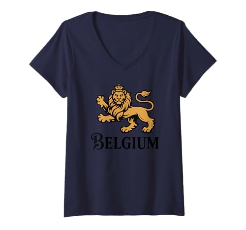 Damen Belgien Pride Belgische Flagge Löwe Rampant T-Shirt mit V-Ausschnitt von Blue Sailor Gifts