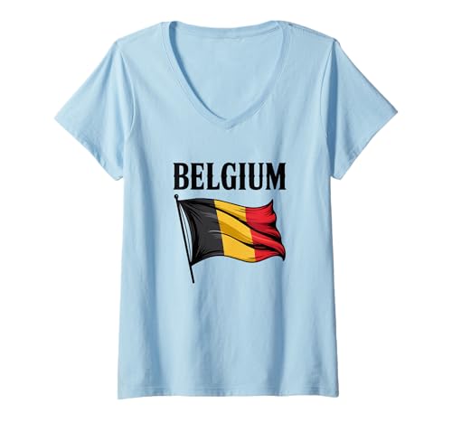 Damen Belgien Pride Belgische winkende Flagge Nationalfeiertag T-Shirt mit V-Ausschnitt von Blue Sailor Gifts