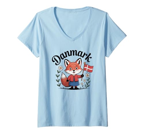 Damen Danmark Pride Dänemark Süße dänische Fuchs-Flagge T-Shirt mit V-Ausschnitt von Blue Sailor Gifts