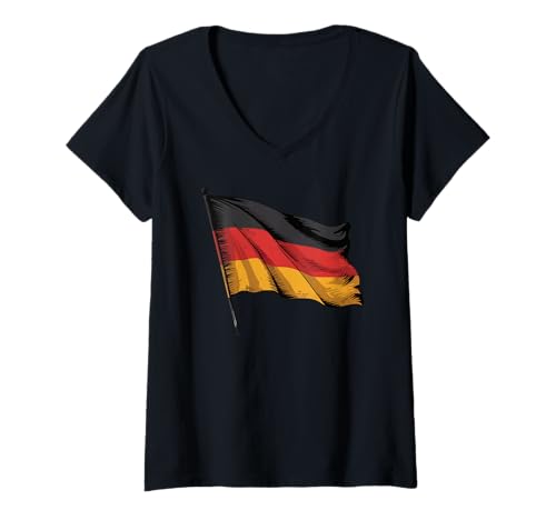 Damen Deutschland Stolz Winkflagge Deutscher Nationalfeiertag T-Shirt mit V-Ausschnitt von Blue Sailor Gifts