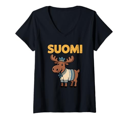 Damen Finland Pride Suomi Cute Elch Finnish Pukuvuori T-Shirt mit V-Ausschnitt von Blue Sailor Gifts