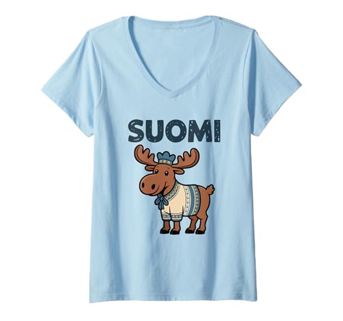 Damen Finland Pride Suomi Cute Elch Finnish Pukuvuori T-Shirt mit V-Ausschnitt von Blue Sailor Gifts