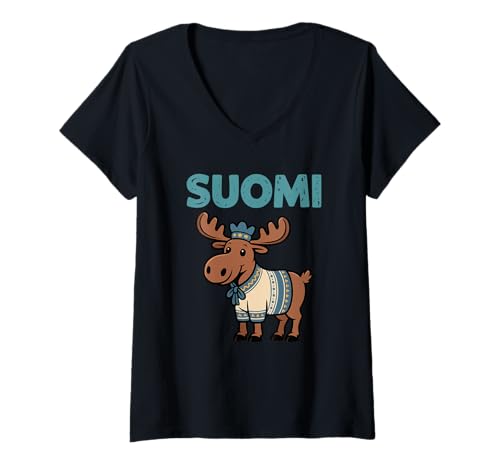 Damen Finland Pride Suomi Cute Elch Finnish Pukuvuori T-Shirt mit V-Ausschnitt von Blue Sailor Gifts