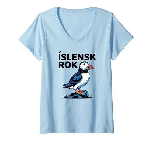 Damen Iceland Pride Íslensk Rok Isländischer Papageientaucher T-Shirt mit V-Ausschnitt von Blue Sailor Gifts