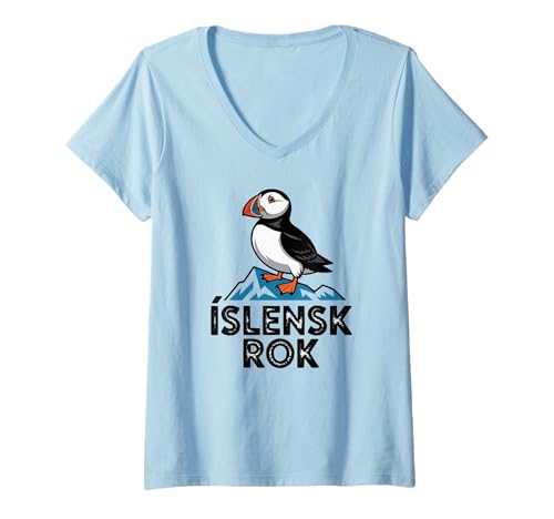 Damen Iceland Pride Íslensk Rok Isländischer Papageientaucher T-Shirt mit V-Ausschnitt von Blue Sailor Gifts