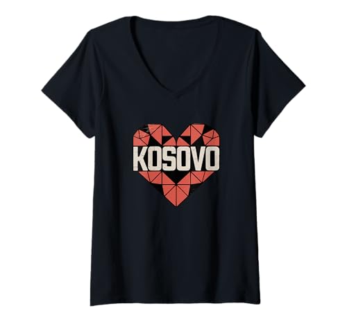 Damen Kosovo Pride Kosovar Geometrisches Herz T-Shirt mit V-Ausschnitt von Blue Sailor Gifts