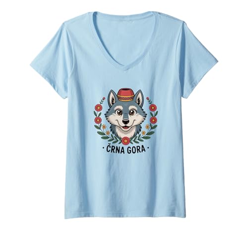Damen Montenegro Pride CRNA Gora Süßer montenegrinischer Wolf T-Shirt mit V-Ausschnitt von Blue Sailor Gifts