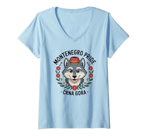 Damen Montenegro Pride CRNA Gora Süßer montenegrinischer Wolf T-Shirt mit V-Ausschnitt von Blue Sailor Gifts