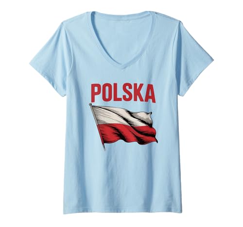 Damen Polen Pride Polnische winkende Flagge Polska Nationalfeiertag T-Shirt mit V-Ausschnitt von Blue Sailor Gifts