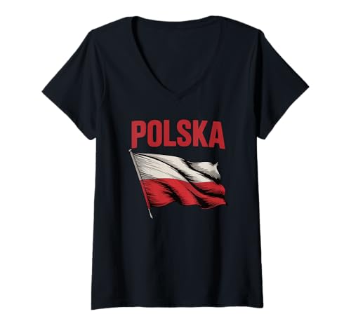 Damen Polen Pride Polnische winkende Flagge Polska Nationalfeiertag T-Shirt mit V-Ausschnitt von Blue Sailor Gifts