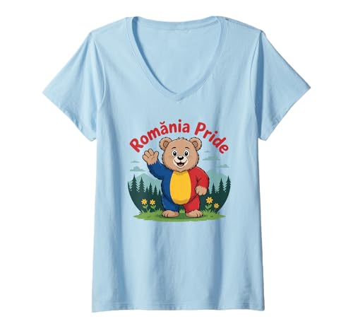 Damen Rumänien Pride Cute Rumänische Flagge Bär T-Shirt mit V-Ausschnitt von Blue Sailor Gifts
