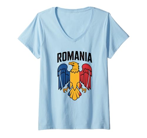 Damen Rumänien Pride Majestätischer Adler Rumänische Flagge T-Shirt mit V-Ausschnitt von Blue Sailor Gifts