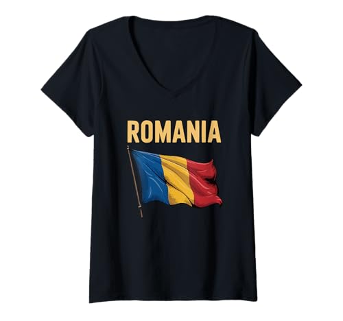 Damen Rumänien Pride Rumänische Flagge Nationalfeiertag T-Shirt mit V-Ausschnitt von Blue Sailor Gifts