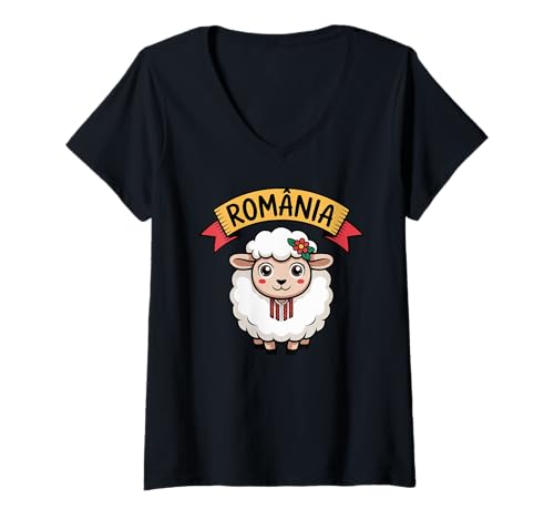 Damen Rumänien Pride süßes Flauschiges rumänisches Schaf T-Shirt mit V-Ausschnitt von Blue Sailor Gifts