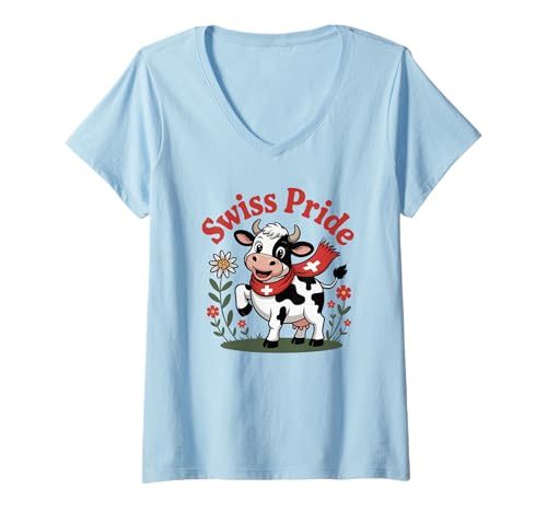 Damen Swiss Pride Süße Kuh Schweiz Flagge T-Shirt mit V-Ausschnitt von Blue Sailor Gifts