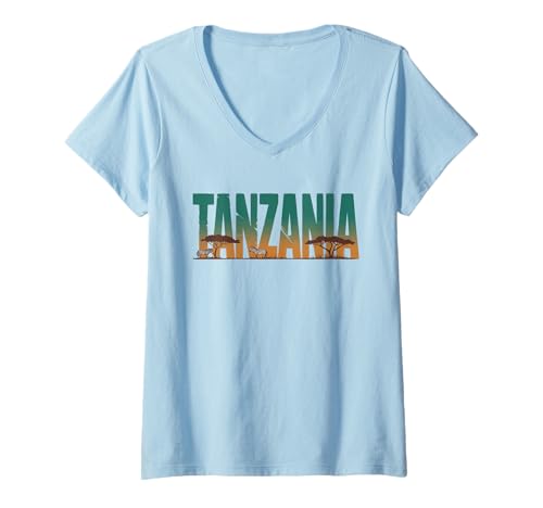 Damen Tansania Savanna Tourist Tansanian Akazien Bäume Zebras T-Shirt mit V-Ausschnitt von Blue Sailor Gifts