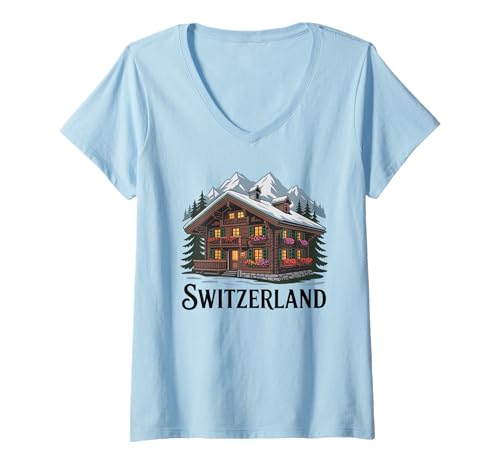 Damen Traditionelles Schweizer Chalet, süßes Schweizer Touristengeschenk T-Shirt mit V-Ausschnitt von Blue Sailor Gifts