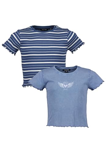 Blue Seven Teenager Mädchen T-Shirts 2er Pack Rundhalsausschnitt MARKETPLACE + ONLINE - 2er Pack M01 - Jeansblau Uni+GESTREIFT 152 von Blue Seven